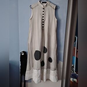 Anny Jacobson Embroidered Cotton Hem + Crinkle Silk Overlay Dress M/L